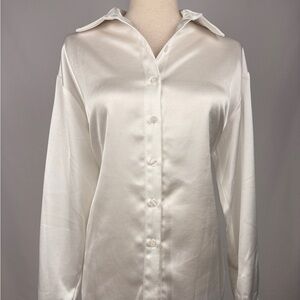 Ivory Satin Button Down Blouse Minimalist Long Sleeve Top